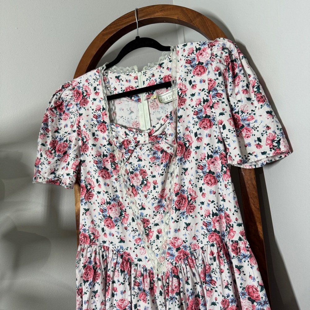 Vintage Country Romance 14 Pink Floral Lace Trim Cottagecore Midi Dress - Picture 2 of 9